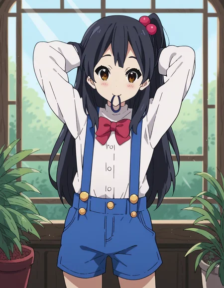 score_9, score_8_up, score_7_up, source_anime, <lora:anko-kitashirakawa-s1-ponyxl-lora-nochekaiser:1>, anko kitashirakawa, long hair, black hair, hair ornament, brown eyes, one side up, hair bobbles,, suspenders, shirt, white shirt, bowtie, red bowtie, buttons, shorts, blue shorts,, conservatory, plants, glass roof, sunlight, greenery, smile, <lora:hair-tie-in-mouth-ponyxl-lora-nochekaiser:1>, hair tie in mouth, hair tie, mouth hold, rubber band, blush, tying hair, adjusting hair, hands in hair, arms up, arms behind head, ponytail, hand in own hair, hair lift, cowboy shot, looking at viewer, looking at viewer, solo,, dutch angle, cowboy shot