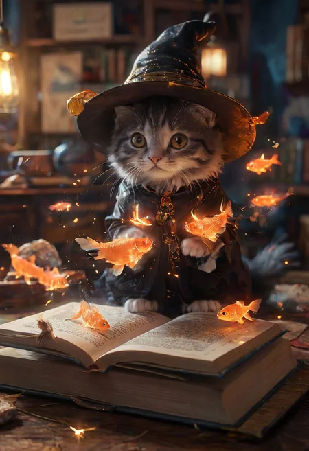 amazing quality, masterpiece, best quality, hyper detailed, ultra detailed, UHD, perfect anatomy, magic world, (kitten and fish:1.4), fish in the air, spell magic to get fresh fish as food,( fish jumping from magic book:1.3), energy flow, a full body of a cute kitten, kawaii, wearing witches robe, witches hat, holding magic book, magic book on one hand, spell magic, <lora:add-detail-xl:1.0>, extremely detailed, <lora:glowneon_xl_v1:0.75> glowneon, glowing