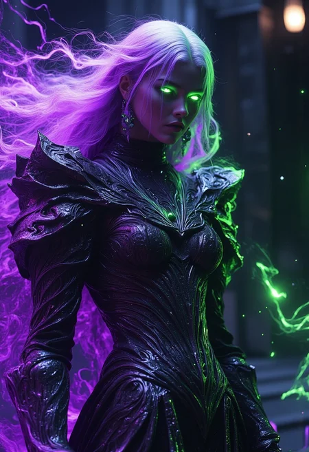 FFAIM, A seductive beautiful necromancer witch casting colorful nencromantic magic, purple black necrotic green, necrotic dark green armour made of bones and skulls, magical particles in the air, rusty skull armour, face covered, in fantasy graveyard, dramatic lightning, hkmagic,