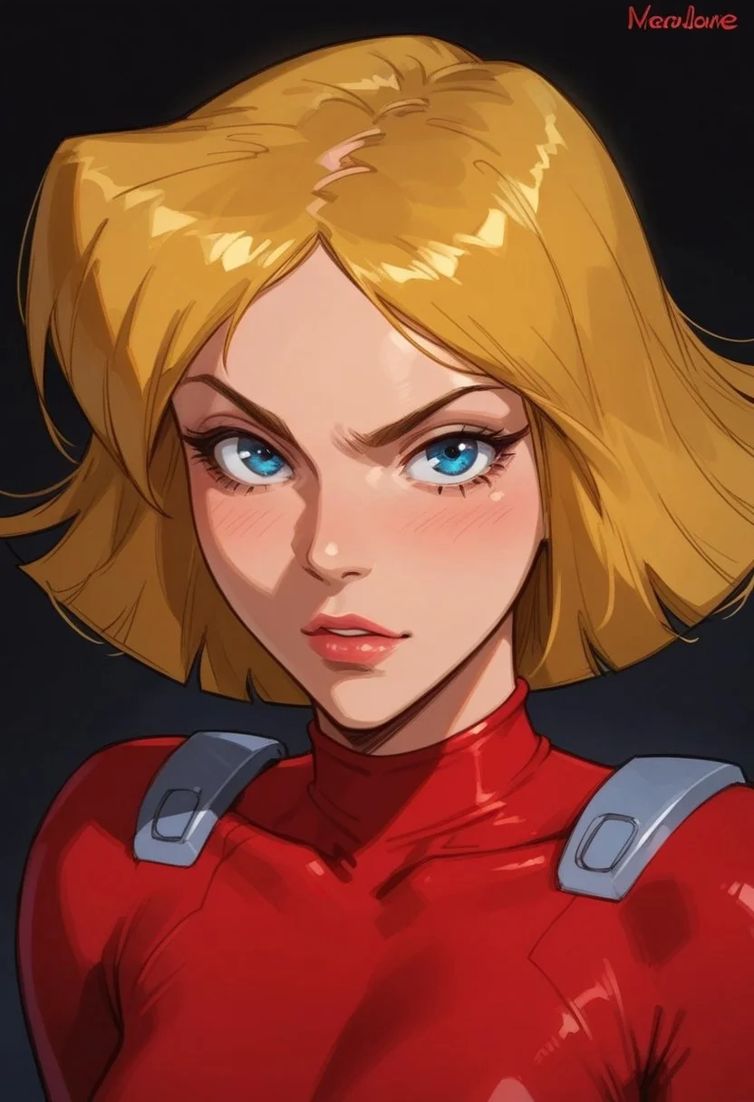 masterpiece,best quality, highly detailed, score_9, score_8_up, score_7_up, score_6_up, source_cartoon, BREAK, 1 girl, cloverts, \(totally spies\), blonde hair, blue eyes, red bodysuit