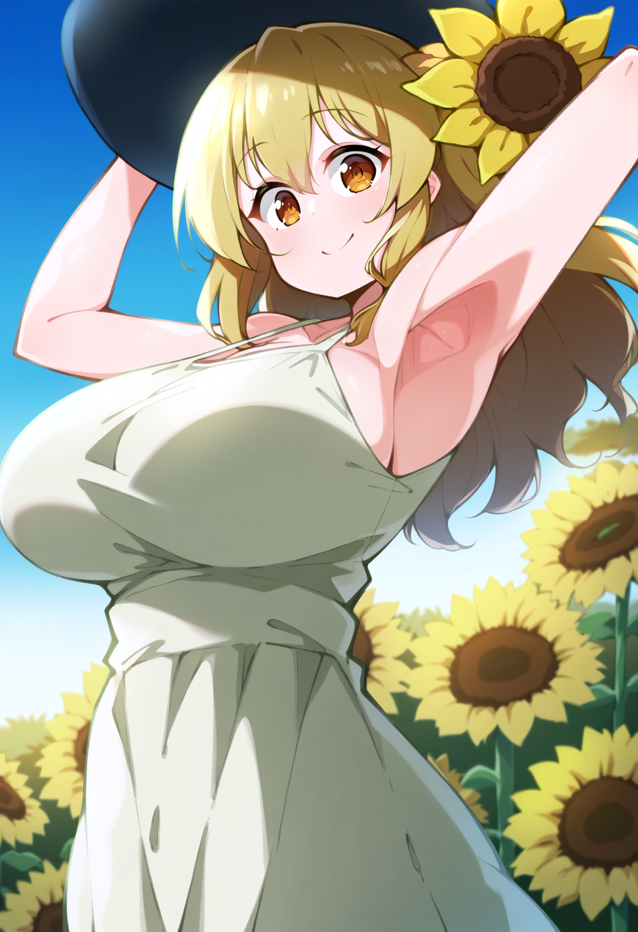 score_9, score_8_up, score_7_up, score_6_up, score_5_up, score_4_up,
simple background, gradient background,
refraction, caustics, rim lights, backlighting, bloom,
BREAK
source_anime, day, outdoors, sky, flower field, sunflower, sunflower field, sunset,
BREAK
1girl, sundress, sunhat, blonde hair, large breasts, see-through silhouette, happy, hair between eyes,
arms up, armpits, light smile,
<lora:Toudori-v1-PDXL:1>