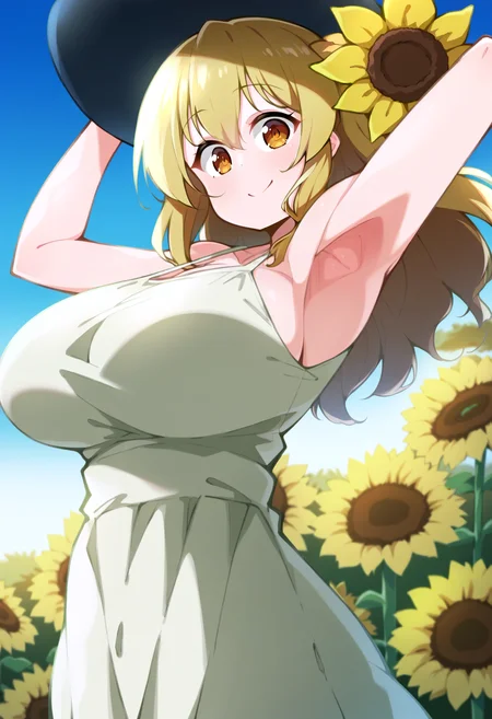 score_9, score_8_up, score_7_up, score_6_up, score_5_up, score_4_up,
simple background, gradient background,
refraction, caustics, rim lights, backlighting, bloom,
BREAK
source_anime, day, outdoors, sky, flower field, sunflower, sunflower field, sunset,
BREAK
1girl, sundress, sunhat, blonde hair, large breasts, see-through silhouette, happy, hair between eyes,
arms up, armpits, light smile,
<lora:Toudori-v1-PDXL:1>