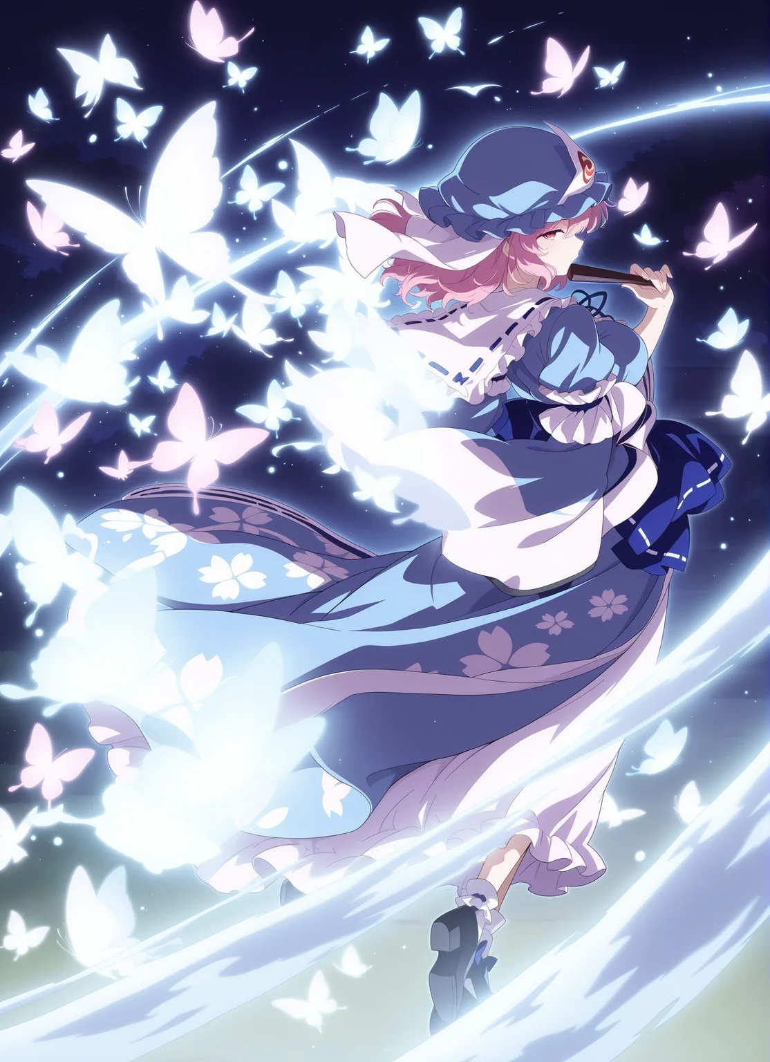 absurdres, highres, masterpiece, best quality, amazing quality, official anime artwork, screencap, anime screencap, from behind, looking at viewer, light particles, night, butterfly, serious, folding fan, blue butterfly, butterfly print, danmaku, ginkgo leaf, glowing, glowing butterfly, japanese clothes, white butterfly, wide sleeves,
<lora:Yuyuko-Saigyouji_IllustriousV2:1> saigyouji yuyuko, 1girl, solo, pink eyes, pink hair, short hair, medium large breasts,, mob cap, triangular headpiece, blue kimono, long sleeves, wide sleeves, sash, ribbon, floral print, outdoors, sakura tree, wind, floating hair,