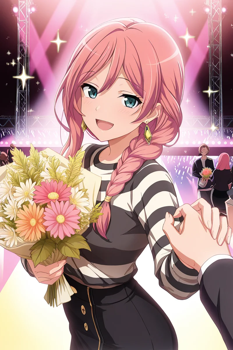 masterpiece, best quality, amazing quality,
<lora:Yachiyo_IL:1> yachiyo, braid, skirt, pink hair, bouquet, flower, jewelry, earrings, long hair, smile, 1girl, black skirt, hair over shoulder, open mouth, holding, solo focus, shirt, long sleeves, looking at viewer, single braid, bangs, striped, stage, holding bouquet, :d, sparkle