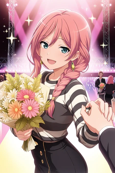 masterpiece, best quality, amazing quality,
<lora:Yachiyo_IL:1> yachiyo, braid, skirt, pink hair, bouquet, flower, jewelry, earrings, long hair, smile, 1girl, black skirt, hair over shoulder, open mouth, holding, solo focus, shirt, long sleeves, looking at viewer, single braid, bangs, striped, stage, holding bouquet, :d, sparkle