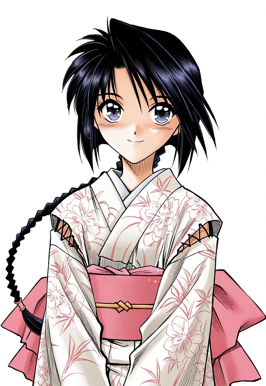 misao makimachi, short black hair, long braided ponytail, short angled bangs, short sidelocks, large eyes, thin eyebrows, petite body, rurouni kenshin, manga
pastel floral kimono with wide flowing sleeves, decorative obi sash with large bow at the back, soft fabric folds, large ribbon in hair, smiling with blush, gentle bashful expression, close-up portrait, shoulders and face visible, head slightly tilted, solo character
masterpiece, best quality, manga shading, soft lighting, traditional tone, clean background