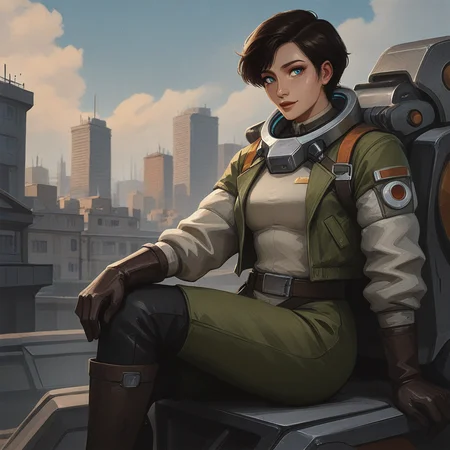 masterpiece, best quality, 32k, high resolution,score_9, score_8_up, score_7_up, 1girl, solo, policenauts, Beautiful Girl, perfect body, ultra high quality, volumetric lighting, seductive, huge eyes, motion lines, standing, eye contact, cowboy shot, athletic, slender, 28year's old, woman, score_9, score_8_up, score_7_up, high quality, (highly detailed), (hyper realistic), <Lora:add-detail-xl:1.5>, (looking at viewer),score_9, score_8_up, score_7_up, a woman in pilot suit is sitting on mecha debris in a destroyed city. Adult, adult torso, mature females, brown hair, short hair, bang, blue eyes, (luddic) <lora:Starsector_NOOB_vPred_v1.0:0.9> pilot suit, jacket, gloves, boots,
BREAK,
destroyed mecha, outdoors, sky, cloud, day, mecha police, mecha in background, ( space colony interior backgroud:1.5), (space colony destroyed city:1.4), science fiction, masterpiece, best quality, very aesthetic, 1990s \(style\) masterpiece,
<lora:YTSKX:.4> <lora:30_LOL:.4> <lora:ponyv6_noobV1_2_adamW:.3>