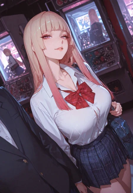 blonde hair, pink hair, gradient hair,mole,mole_under_eye,hime cut,long hair,side view,from below,dutch angle,
1girl,1boy,beautiful face,perfect eyes,detailed eyes,
blunt bang,
looking at viewer,
parted lips,light smile,
large breasts,
seifuku,unworn red plaid bowtie,blue pleated skirt,collarbone,collared shirt,(button gap:0.6),
school bag,trinket,
arcade,claw machine,
detailed background,volumetric lighting,depth of field,shadow,arm_hug,(girl holding boy's hand:1.1),(a hand in hand with the boy:1.1),