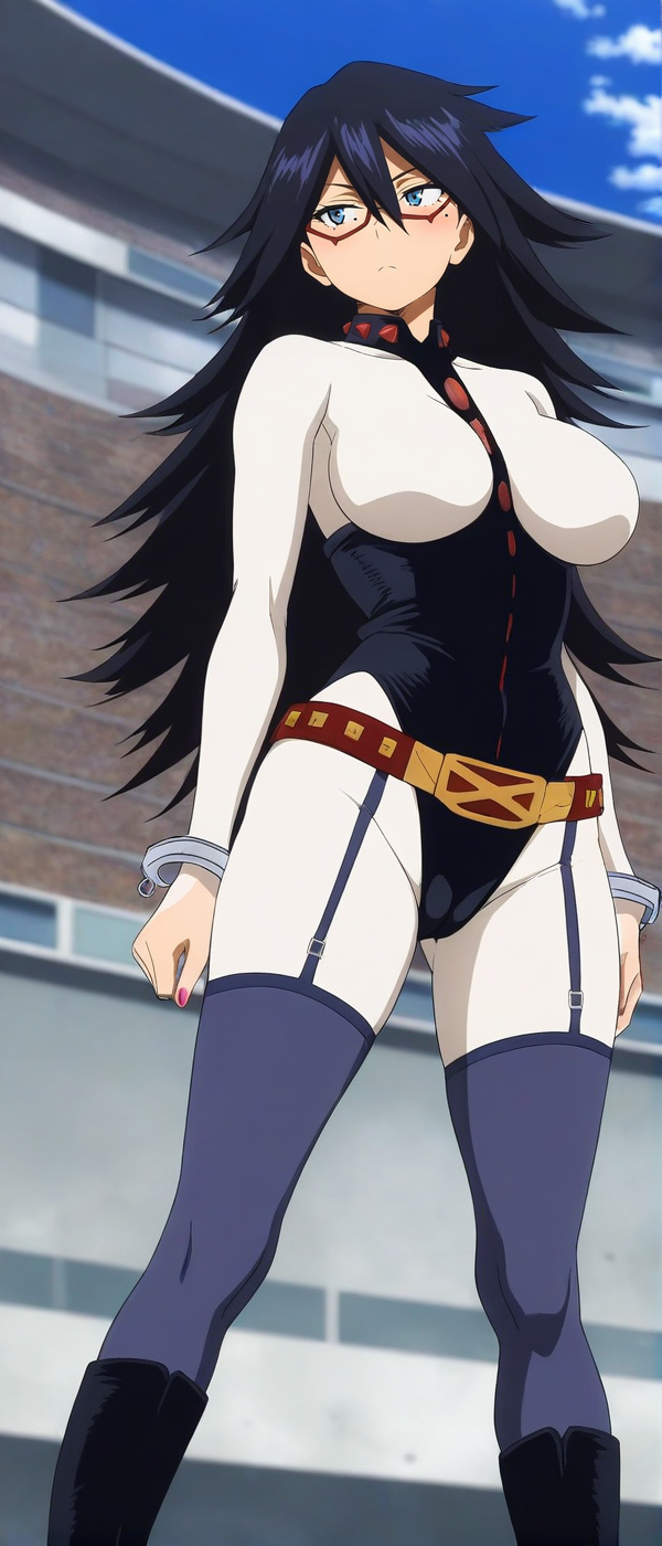 <lora:Midnight_-_My_Hero_Academia_-_waiNSFW:1>, anime coloring score_9, score_8_up, score_7_up, source_anime, hires image, masterpiece, best quality, BREAK,  newest, masterpiece, best quality, 4k, 1girl, solo, long hair, blue eyes, mole under eye,  glasses bodysuit, leotard, handcuffs, belt, garter straps, thighhighs, boots, high heel boots, cameltoe
