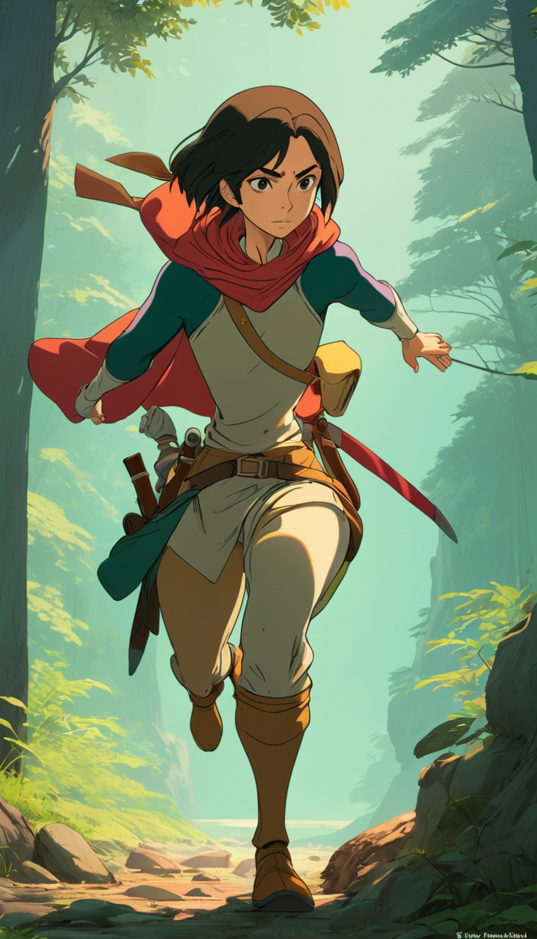 Cinematic scene, hero view, female d4r rogue <lora:diablo_4_rogue_v0.0.3:1>, action pose, nature, detailed background, masterpiece, best quality, high quality, absurdres, (Studio ghibli style, Art by Hayao Miyazaki:1.2), Anime Style, Manga Style, Hand drawn, cinematic, Sharp focus, humorous illustration, big depth of field, Masterpiece, concept art, trending on artstation, Vivid colors, Simplified style, trending on ArtStation, trending on CGSociety, Intricate, Vibrant colors, Soft Shading, Simplistic Features, Sharp Angles, Playful