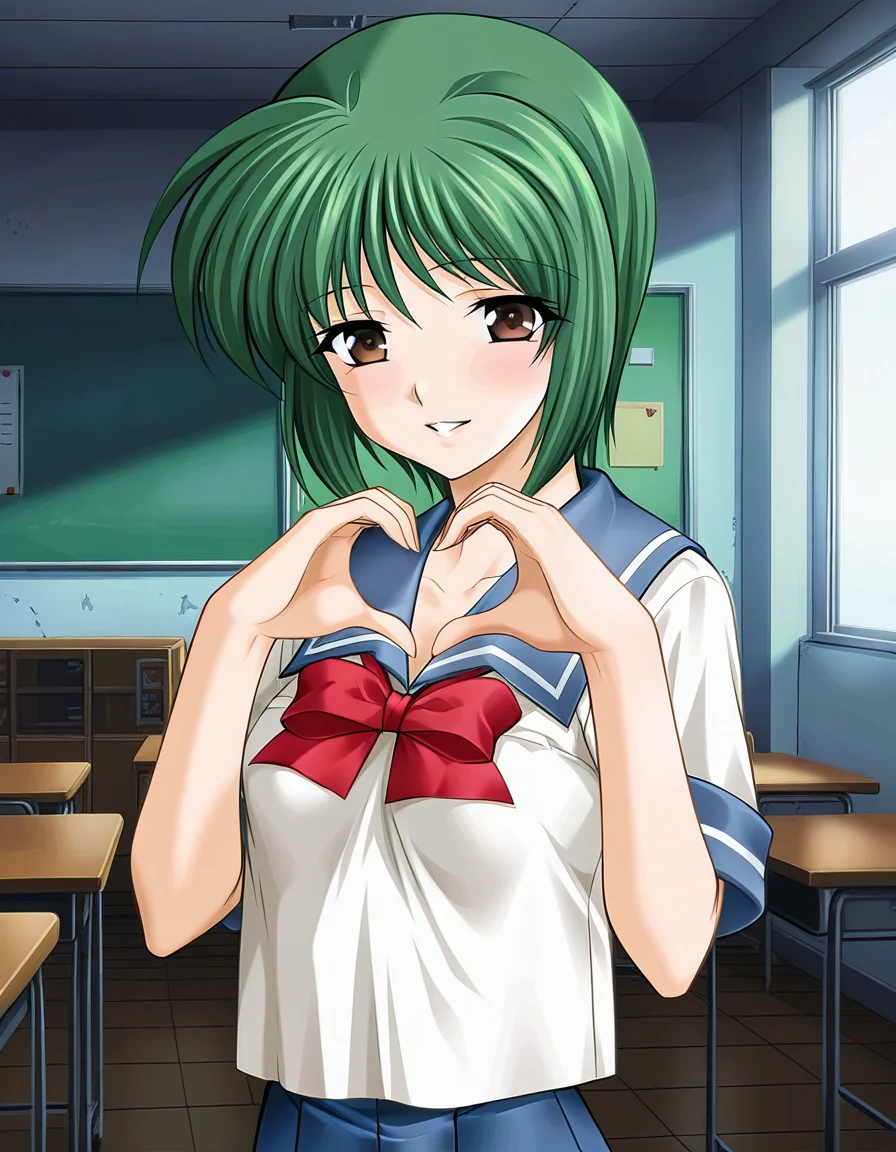 masterpiece, best quality, amazing quality, very aesthetic, absurdres, official art, ultra detailed,
1girl, solo, yasuda_mizuki, green hair, short hair, brown eyes BREAK
school uniform,red bow,  serafuku, blue skirt, 
blush, smile, parted lips, looking at viewer, 
standing, heart hands, 
in classroom, day, upper body, deep contrast of light and dark, sharp focus, depth of field, highly detailed
<lora:yasuda mizuki v1.0-000015:1>