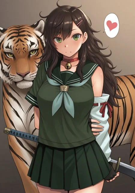masterpiece, best quality, absurdres, highres, high quality, highly detailed
kokuriu, detached sleeves, gloves, green shirt, heart, serafuku, fingerless gloves, tiger, asymmetrical sleeves, messy hair, neck bell, weapon, hair ornament, skirt, arms behind back,