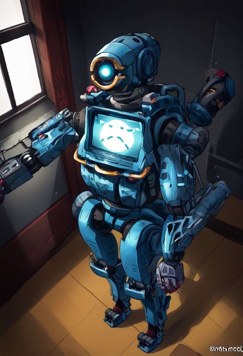 zPDXL2, source_cartoon, score_8_up, score_7_up, no humans, high angle, from above, Clos_Pers, closeup, Perspective shot, calmstyle, D4rkR3troSc1f1, 
BREAK,
solo male, ApexPathfinder, humanoid robot, humanoid legs, uwu screen on chest, face focus, one-eyed, hand focus, hand towards viewer, 
 science fiction, indoors,