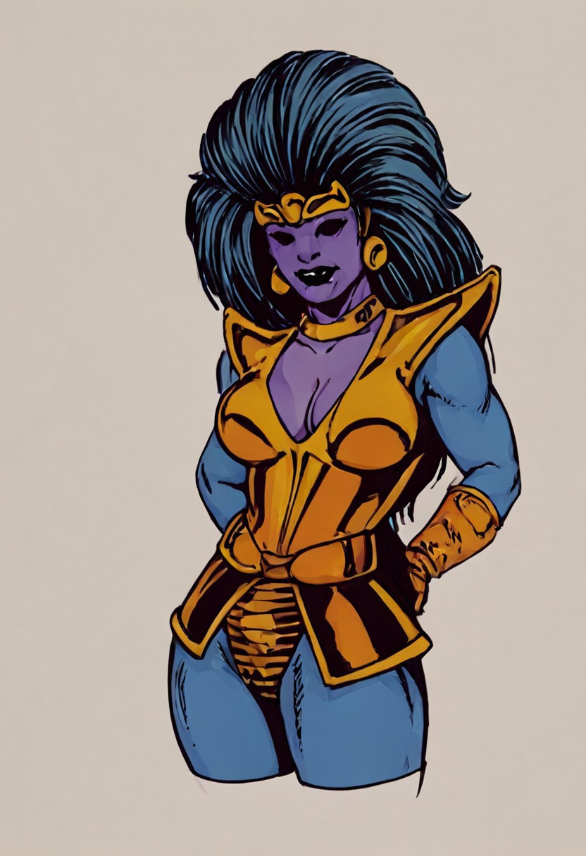 score_9, score_8_up, score_7_up 
   , masterpiece, beautiful, upper body,
,Full body,terraxia, Purple skin, colored skin,large voluminous hair,shadowed eyes, black lipstick, big breast, wide hips, voluptous female, top golden armor, gold accents, shoulder pads armor,cleveage,large orange gloves,gold belt, large golden earrings, armored loincloth,plated waist armor, blue bodysuit under armor,
gold tiara,