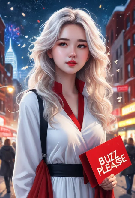 ((photorealistic)), ((1girl)),  score_9, score_8_up, score_7_up, 1girl, 23 years old, detail cute face, long dress, pretty dress, red dress, long wavy hair, white hair, white wavy hair, wavy hair, wet hair, snow, perfect eyes, detailed skin, city street background, fireworks background, warrior princess, arrogant, aloof, (((holding a big colored sign that says "BUZZ PLEASE", text: "BUZZ PLEASE")))
