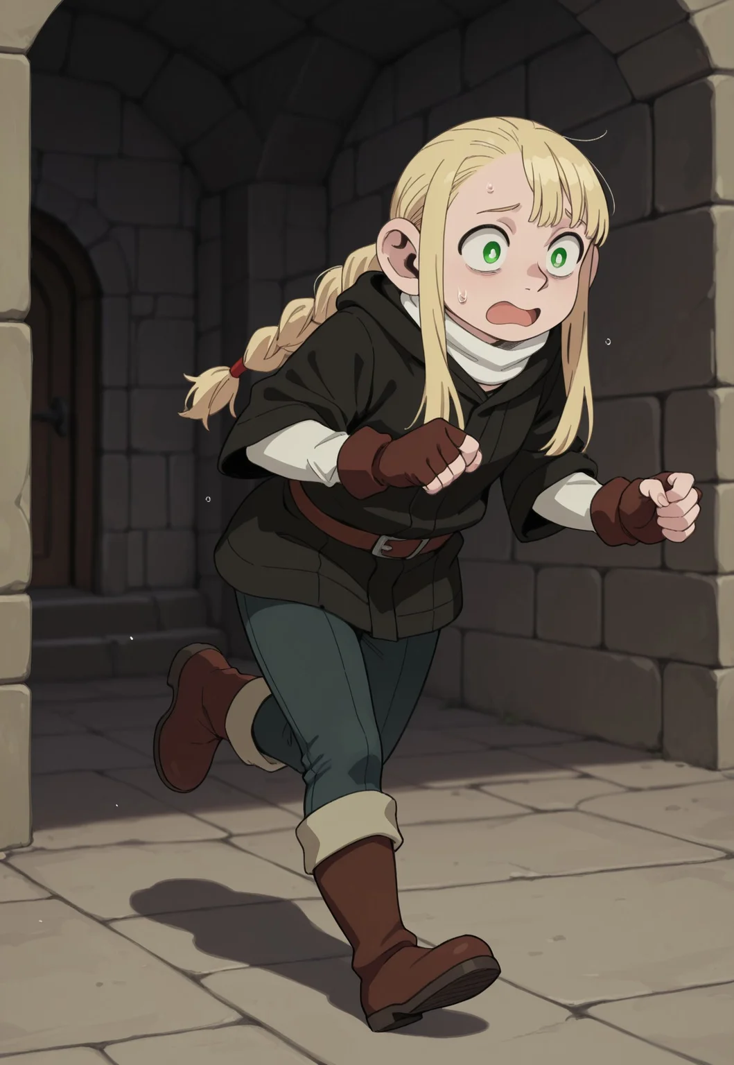 masterpiece, best quality, amazing quality, very aesthetic, absurdres, HalffootMarcille,1girl, solo, female focus, blonde hair, twin braids, green eyes, white neck warmer, black hooded jacket, hood down, white shirt, brown belt, brown fingerless gloves, blue pants, brown leather boots, full body, running, scared, dungeon, perspective
