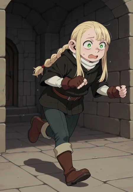 masterpiece, best quality, amazing quality, very aesthetic, absurdres, HalffootMarcille,1girl, solo, female focus, blonde hair, twin braids, green eyes, white neck warmer, black hooded jacket, hood down, white shirt, brown belt, brown fingerless gloves, blue pants, brown leather boots, full body, running, scared, dungeon, perspective