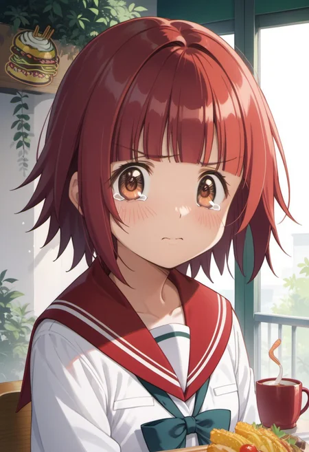 score_9, score_8_up, score_7_up, source_anime, akino kaede, red hair, brown eyes, short hair, 1girl, school uniform, solo, tears, serafuku, food, blunt bangs, sailor collar, looking at viewer, cup, blush, white shirt, red sailor collar, shirt