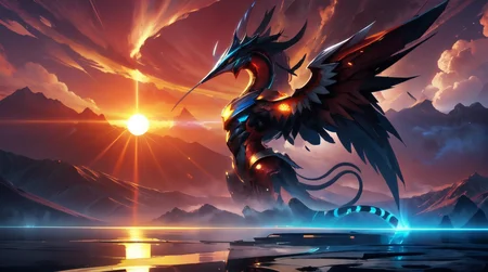 (masterpiece, best quality, fullscreen), [(full body:0.9)::0.1] portrait (photo of a [cloud,cloud] [magical being:creature:0.6]:1.1), <lora:EYES Fire:0.4> white fire, (one Oversized eyes:1.1), (Alien:0.9), (Pegasus Wings:1), (very long white hair:[1.3:0.1:0.2]), {5::(Spider body shape:0.8), (Dolphin head:0.8), (Tiger Teeth:1)|(human form with Long Tail:1.2), <lora:EFFECT ç»ªå¿-å·¨åå¤§å¤©ä½¿V2 angel:0.2> (Angel:1.2) <lora:CLOTHES EFFECT edgVAgowns:0.1> (edgVS:1.2), <lora:MONSTER Creature:0.6> creature, (strong wind visible through ink cloud Turbulence :1.2), (background representing Mountain Range and Mountain Range:1.1), (Venetian Red Sunset:1.4), <lora:EFFECT WorldofMist:0.1> worldofmist, <lora:BACKGROUND EpicSky-000006:0.3> EpicSky, cloud, sky, , , (look at the viewer:1), , <lora:SLIDER weight_slider_v2:-0.5>, <lora:LIGHT NOISEOFFSET_V2_BY_STABLE_YOGI:0.6> dark, dimly lit, rim lighting, <lora:LIGHT neon ç»ªå¿-åªå½± curvy:0.2> curvy, silhouette, <lora:QUALITY add_detail:0.4>, <lora:QUALITY kkw-better-v1.0a:0.2>, <lora:QUALITY image enhancer high_v1:0.3>, <lora:QUALITY BG2_dpep4+silicon29dim64:0.3>, (Full body Shot, Shallow Focus Shot, Low Angle Shot:[1.2:0.5:0.1]), heavily detailed, fantasy, (asymmetric composition:1.3), (sharp focus), , (no humans), (VIEW_Style-DA), tremely detailed, intricate, epic lighting, very very very beautiful scenery,8K, octane render, trending on Artstation, matte painting, fully clothed, extremely detailed, hyperrealistic, Octane render, Unreal Engine, photorealism, 8k, depth of field, post-processing, extremely hyperdetailed, intricate, cinematic landscape, highly detailed, rich colors, digital artwork, beautiful scenic view, ray tracing, hyperrealistic, photorealistic, cinematic landscape, trending on artstation, concept art