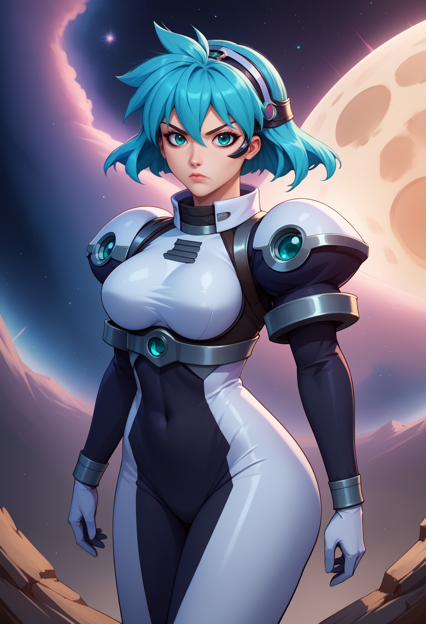 score_9, score_8_up, score_7_up, BREAK 1girl, solo, mgisb, aqua eyes, aqua hair, short hair, large breasts, <lora:MeiaGisbornPDXL_V1-Manityro-CAME:1.0>,
eyepiece, headband, two-tone bodysuit, shoulder armor,
looking at viewer, serious, standing, cowboy shot, 
space, flying