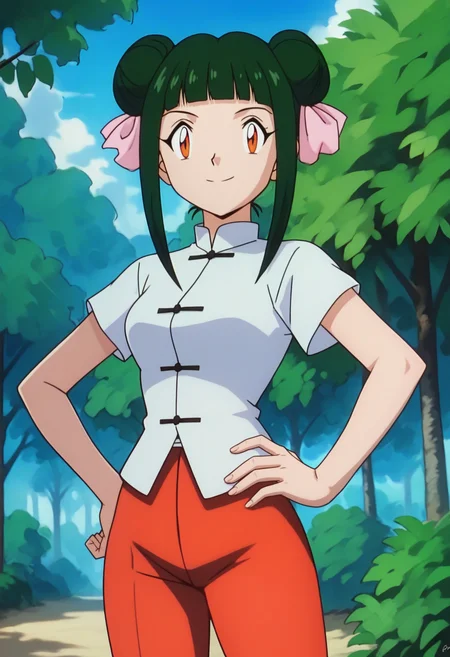 score_9, score_8_up, score_7_up, score_6_up, <lora:PMCassandra-000009:0.8>, PMCassandra, orange eyes, green hair, blunt bangs, double bun, sidelocks, hair ribbon, pink ribbon,
chinese clothes, white shirt, short sleeves, red pants, capri pants,
standing, looking at viewer, hand on own hip, cowboy shot, smile, closed mouth, 
BREAK, blue sky, day, sunlight, outdoors, nature,