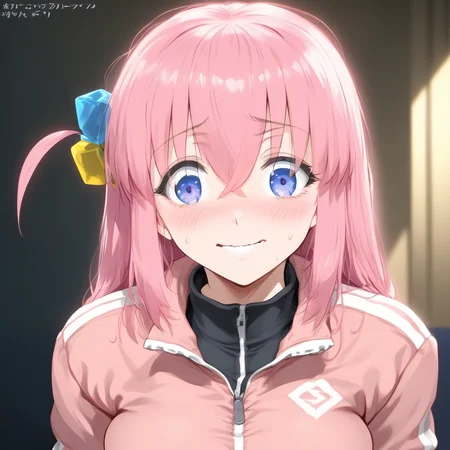 (extremely detailed CG unity 8k wallpaper),eye catching,(masterpiece), (best quality), (ultra-detailed), extremely detailed,(best illustration), an extremely delicate and beautiful ,CG ,unity ,8k wallpaper,solo, smile, masterpiece, best quality, smile, highly detailed, score_4_up, score_anime, score_realstic, gotou1, gotou hitori, solo, skirt, pink jacket, track jacket, bangs, hair between eyes, long sleeves, medium breasts