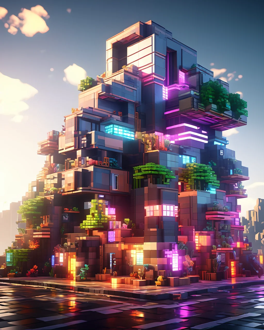 Blocky and pixelated aesthetic,pixel art,4k,realistic,game CG rendering,nature light,shadows,minecraft,<lora:minecraft:0.9>,
a cyberpunk building,
