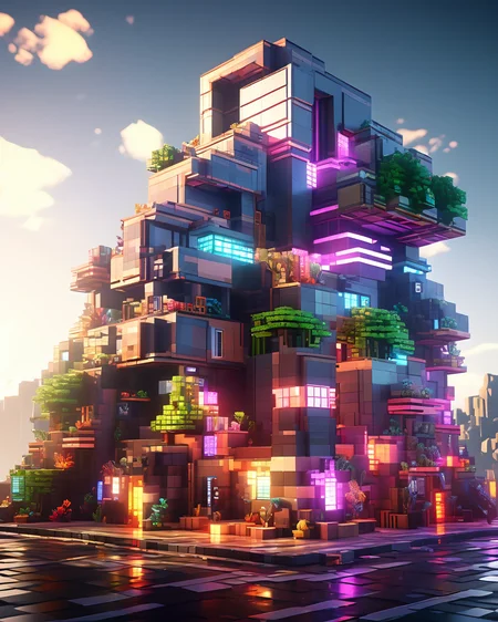 Blocky and pixelated aesthetic,pixel art,4k,realistic,game CG rendering,nature light,shadows,minecraft,<lora:minecraft:0.9>,
a cyberpunk building,