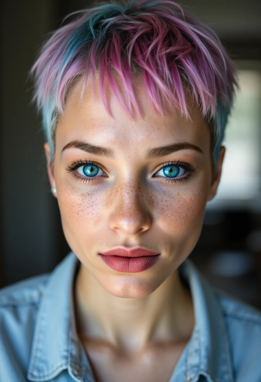 super detailed, selfie, college co-ed with pink and blue hair in a pixie cut posed in front of her computer. Close up of face. brilliant blue eyes, full lips, pale skin and freckles. , aidmarealisticskin, aidmafluxpro1.1