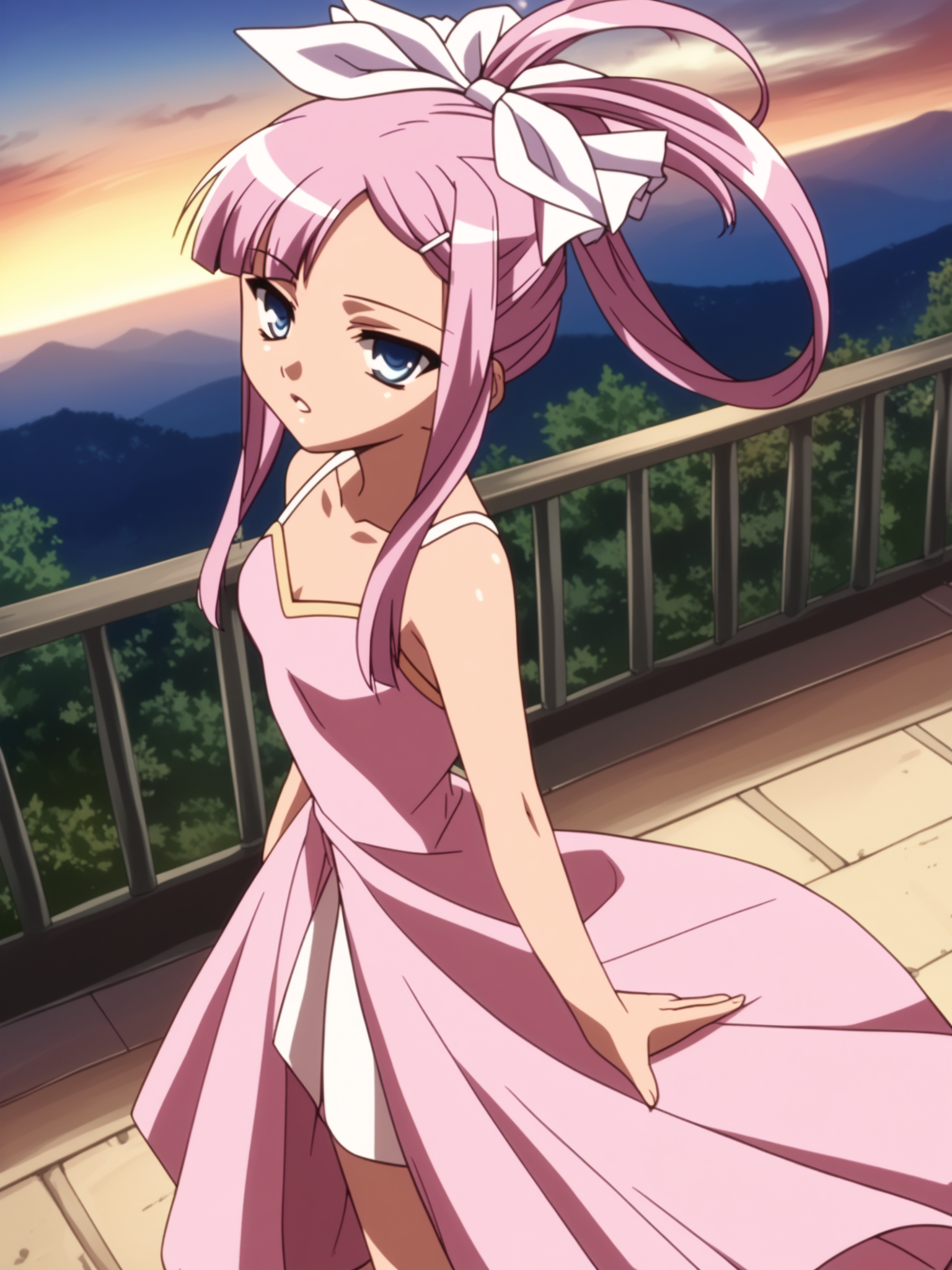 <lora:happy_tentacle-sonshoukou-v0.1-000012:1>, ht_sonshoukou, hair ribbon, hairclip, evening gown, ponytail, outdoors , 1girl, solo, cowboy shot, thighs , , ( parted lips :1.1), , looking at viewer , , from above , score_9, score_8_up, score_7_up, score_6_up, score_5_up, score_4_up