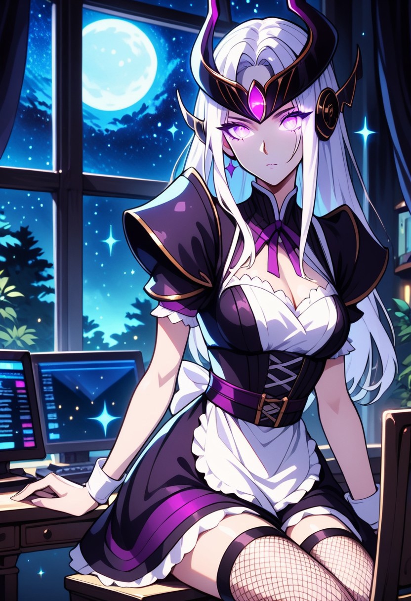 score_9_up, score_8_up, score_7_up, source_Syndra, sitting on a chair, (short maid dress, sexy maid dress, fishnet thight stockings), masterpiece, perfectly detailed, detailed face, detailed background, 1girl, BREAK, glowing white hair,
window, monitor, night view, night, stars, glitter, sparkles, mist, dramatic lighting, glowing eyes, purple eyes, full moon, long white hair, monitor on the desk