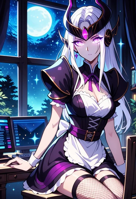 score_9_up, score_8_up, score_7_up, source_Syndra, sitting on a chair, (short maid dress, sexy maid dress, fishnet thight stockings), masterpiece, perfectly detailed, detailed face, detailed background, 1girl, BREAK, glowing white hair,
window, monitor, night view, night, stars, glitter, sparkles, mist, dramatic lighting, glowing eyes, purple eyes, full moon, long white hair, monitor on the desk