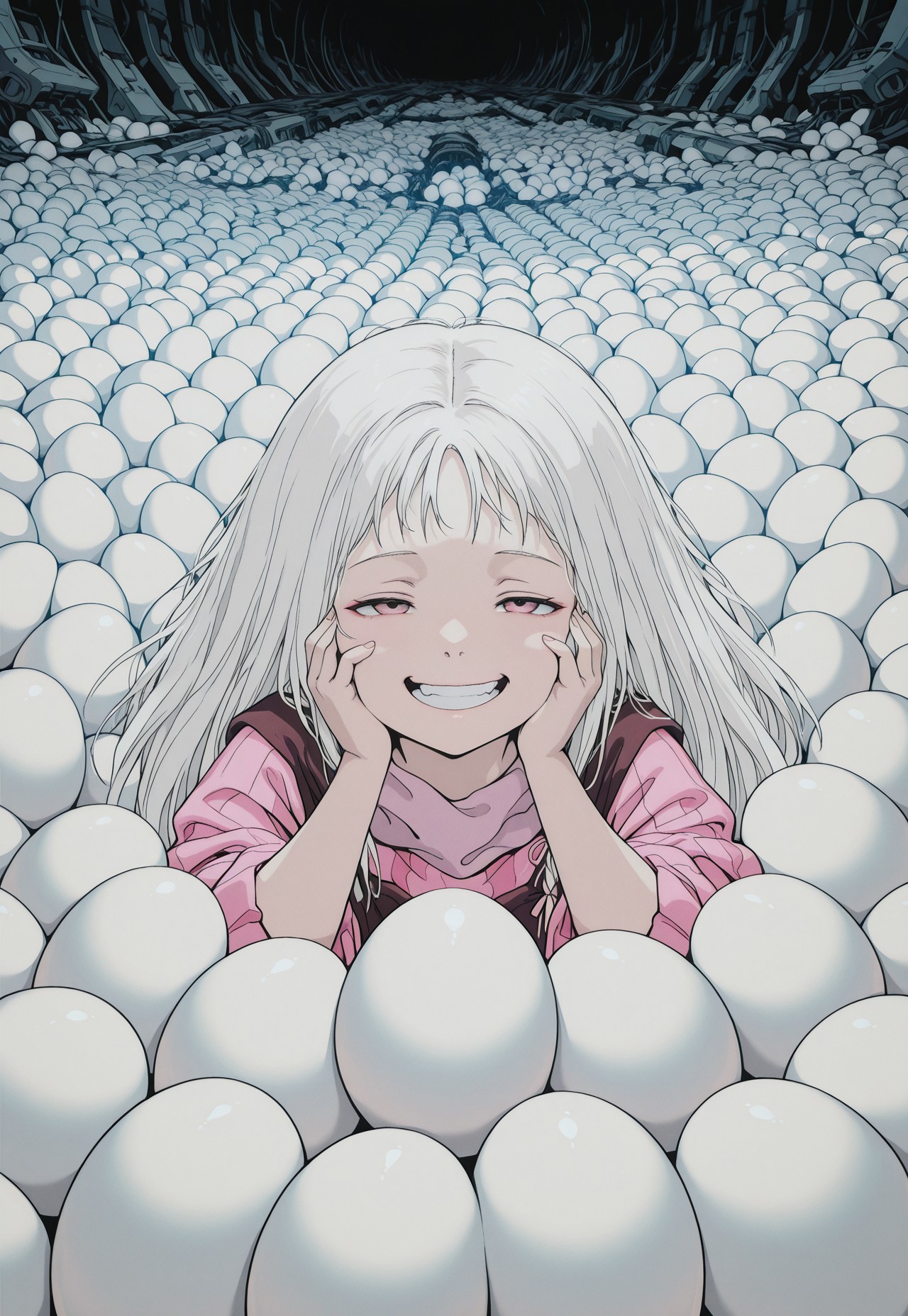 solo, g1rl, white hair, portrait, (too many, eggs), covered, surrounded,
hands on own cheeks, open mouth, grin, pink clothes, science fiction, post-apocalypse,
masterpiece, best quality, absurdres