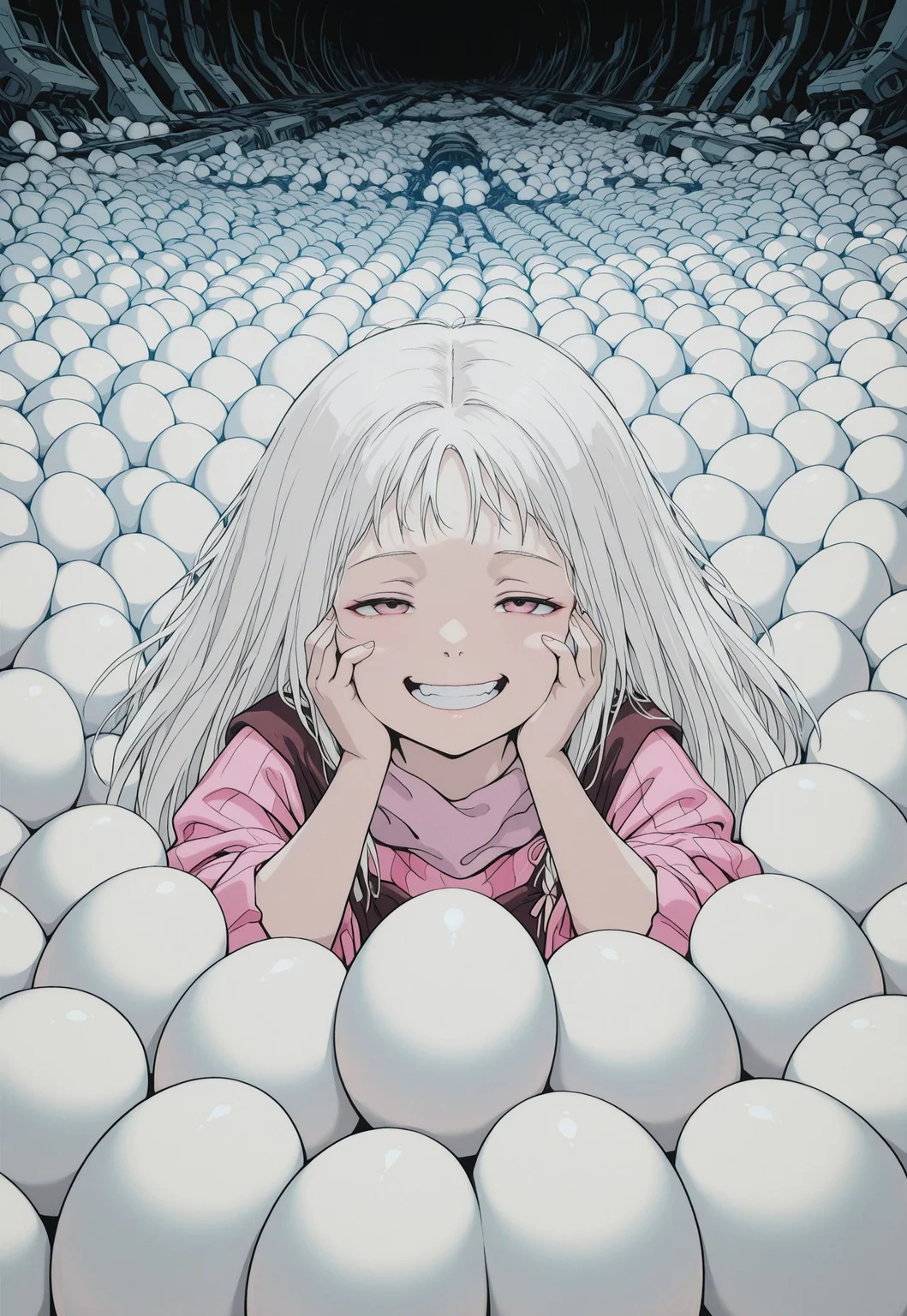 solo, g1rl, white hair, portrait, (too many, eggs), covered, surrounded,
hands on own cheeks, open mouth, grin, pink clothes, science fiction, post-apocalypse,
masterpiece, best quality, absurdres