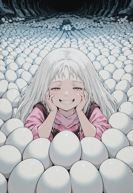 solo, g1rl, white hair, portrait, (too many, eggs), covered, surrounded,
hands on own cheeks, open mouth, grin, pink clothes, science fiction, post-apocalypse,
masterpiece, best quality, absurdres