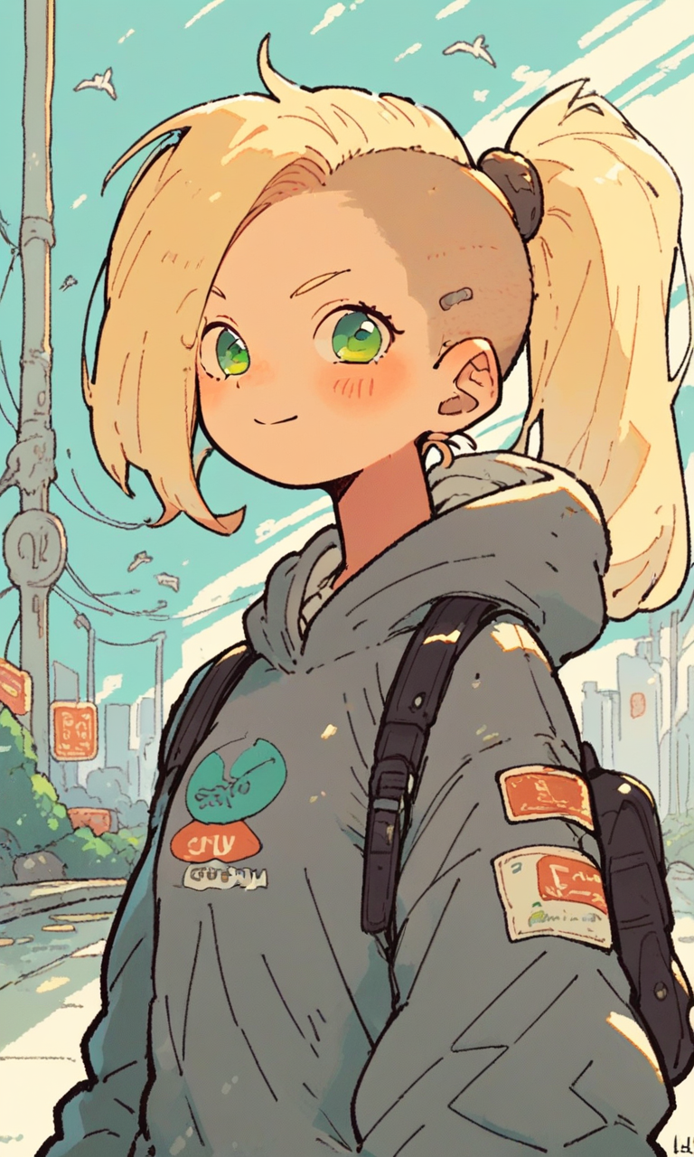 score_9, score_8_up, score_7_up, score_6_up, rating_safe, source_anime, (semi-realistic), (urban city), (narrow alleyway), 1girl, solo, (light blonde hair:1.3), (side undercut:1.2), (high ponytail:1.2), (green eyes:1.3), confident smirk, grey hoodie, (oversized fit:1.1), white graphic logo, black backpack, (decorated straps:1.1), (golden hour lighting:1.2), (long shadows:1.1), city signs, posters, gritty textures, detailed environment