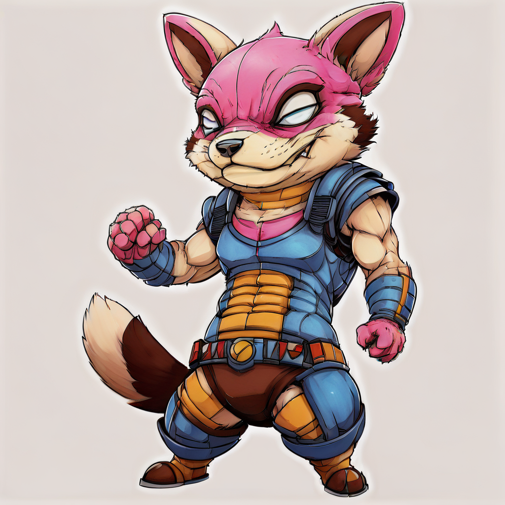 hand up, a drawing of a man with red hair, cute corgi, grey bodysuit, brown hair, holster, a close up of a cartoon character on a white background, extremely detailed concept art, cat, stylized anime, pink and blue outfit, yellow sclera, white eyes, dog, brown footwear, anthropomorphic, a drawing of a cartoon character with a fist