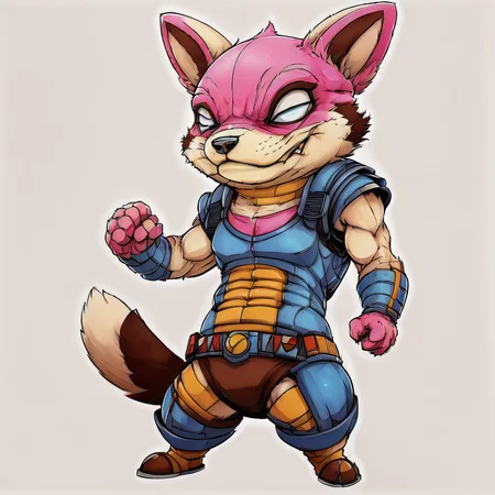 hand up, a drawing of a man with red hair, cute corgi, grey bodysuit, brown hair, holster, a close up of a cartoon character on a white background, extremely detailed concept art, cat, stylized anime, pink and blue outfit, yellow sclera, white eyes, dog, brown footwear, anthropomorphic, a drawing of a cartoon character with a fist