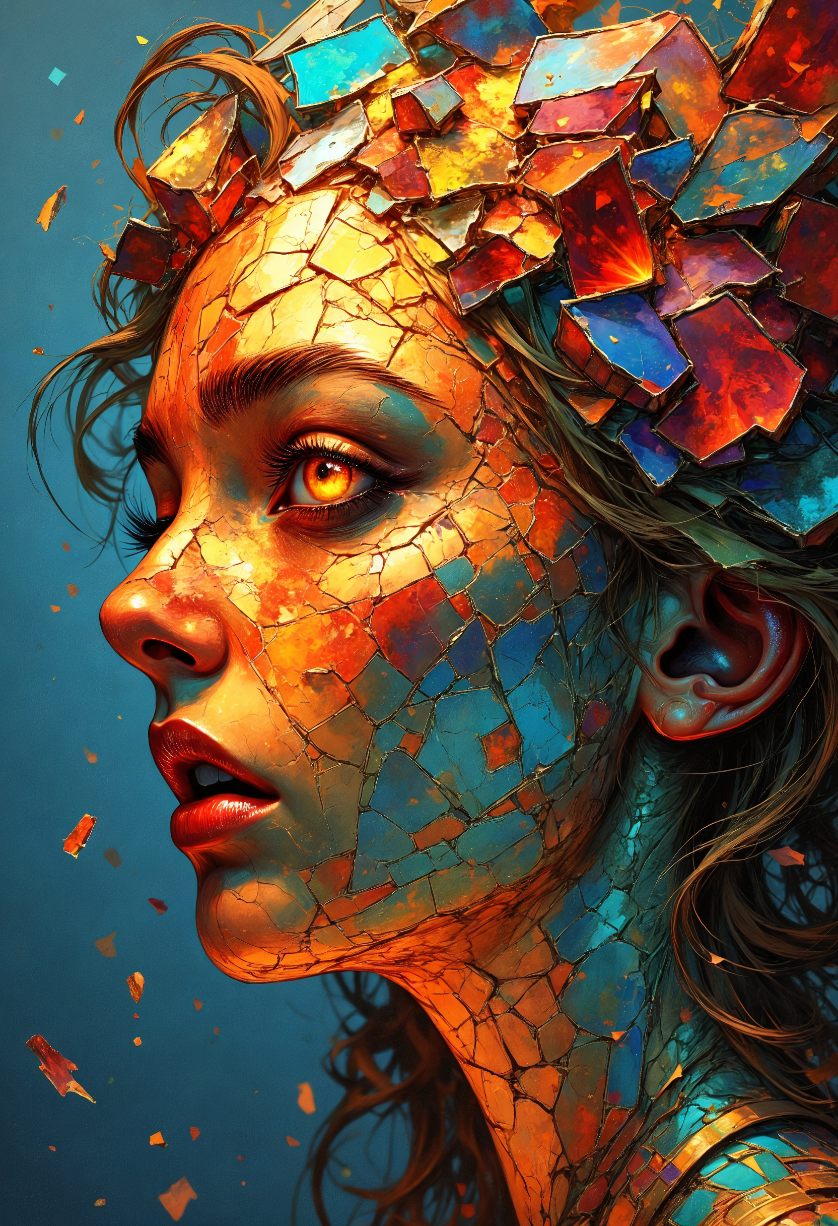 A masterfully crafted stunning image of a living stained-glass angel, her features formed from overlapping panes of radiant glass that refract light into beams of color, Her expression is one of divine wrath, eyes blazing like suns as she steps forward from a backdrop of crumbling marble ruins, Shattered pieces of her own wings hover midair reflecting light, Style is Celestial Surrealism with dynamic lighting, sharp focus on facial detail, (elaborate fine details:1.1), (hyperdetailed:1.1), (intricate details:1.0), (Refined details:1.1), (best quality:1.1), (high resolution:1.2),