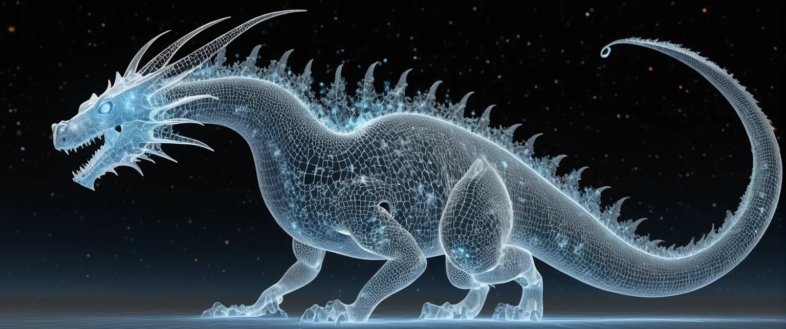 we have a Taub-NUT Space and a Fractal Dragon Curve , in the foreground we see Sobek in a fractalite appearance with an aura of crystal particles, stable diffusion,
((photo raw)),