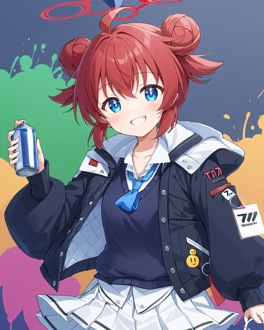 maki \(blue archive\),1girl, spray_can, double_bun, sweater_vest, solo, ahoge, blue_necktie, hooded_jacket, halo, holding, long_sleeves, looking_at_viewer, pleated_skirt, grin, collared_shirt, hood_down, puffy_sleeves, smiley_face, white_shirt, white_skirt, multicolored_background, graffiti, paint_splatter, button_badge, sidelocks, id_card, light_blush
<lora:maki_(blue_archive)_image389_2023-11-24:1>. gorgeous,key visual, vibrant, studio anime,award-winning, professional, highly detailed,high budget, cinemascope