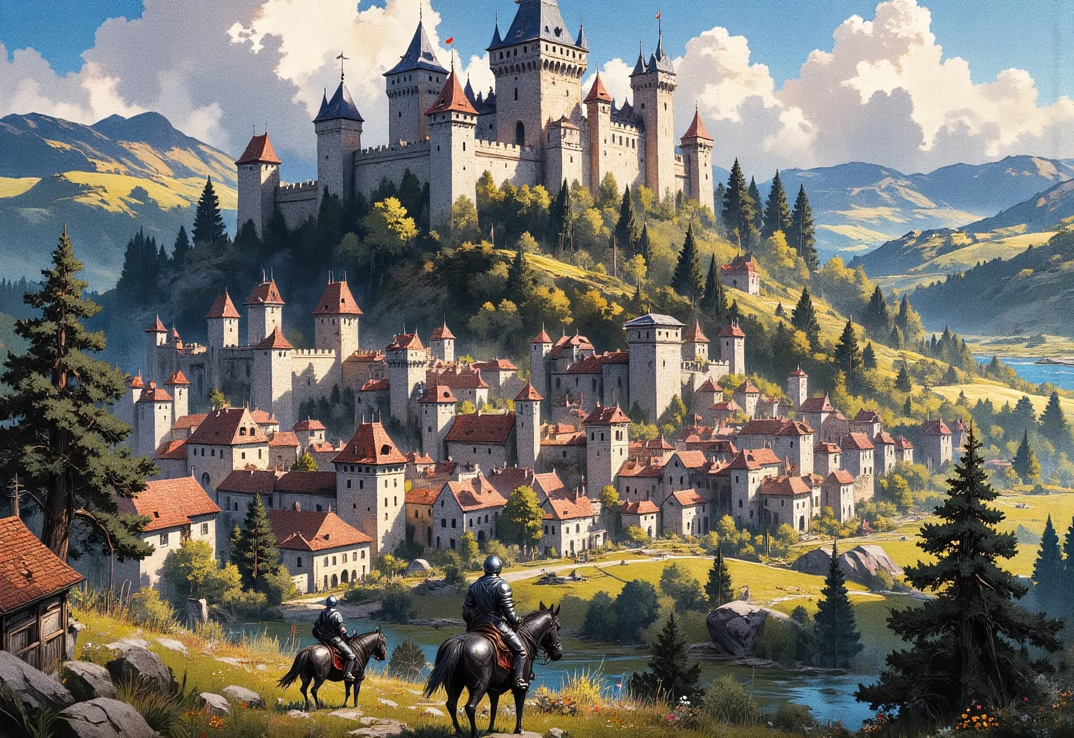 masterpiece, amazing quality, best quality, ultra-detailed, 8K, illustration, newest, absurdres, volumetric light, good quality, best quality, scenery, (dappled sunlight:1.2), rim light, backlit, dramatic shadow, ultra 8k cg, picture-perfect face, flawless, clean, professional artwork, cinematic lighting, cinematic bloom, hut background, early medieval background, humans on background, mw01out, painted world, Painterly, painting, no humans,
Fantasy medieval scene inspired by the Aquitaine region, showcasing imposing castles and medieval fortifications atop lush green hills overlooking expansive vineyards and forests. Vibrant medieval towns bustling with activity feature elegant architecture inspired by Bordeaux, lively marketplaces filled with merchants and troubadours, and banners bearing heraldic symbols linked to Aquitaine’s rich history. Knights in polished armor ride across fertile countryside, under dramatic skies with sunlight highlighting rivers and coastlines reminiscent of the Atlantic shores. Painted in the expressive, dynamic style of Guild Wars 2 concept art, with vivid colors, dramatic lighting, detailed textures, and epic composition. High-quality digital illustration, immersive and cinematic.