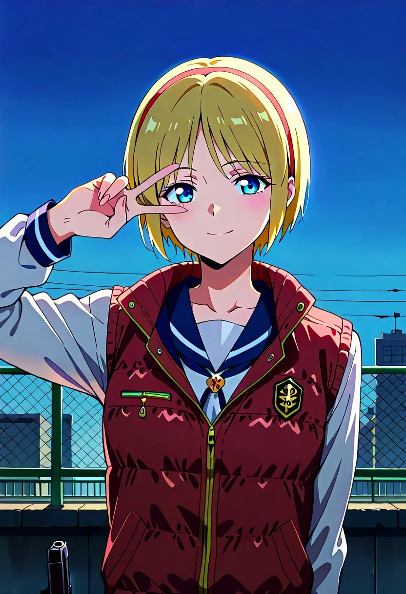 source_anime, masterpiece, best quality, amazing quality, very aesthetic, absurdres, IllustriousQual, anime coloring, traditional media <lora:Sherry_Birkin_RE2_Classic_Illustrious:1>sherry-birkin, 1girl, solo, short hair, sailor collar, blonde hair, blue eyes, serafuku, upper body, weapon, indoors, holding weapon, vest, gun, plaid, v, holding gun, handgun, dark, v over eye, rooftop, sky, fence