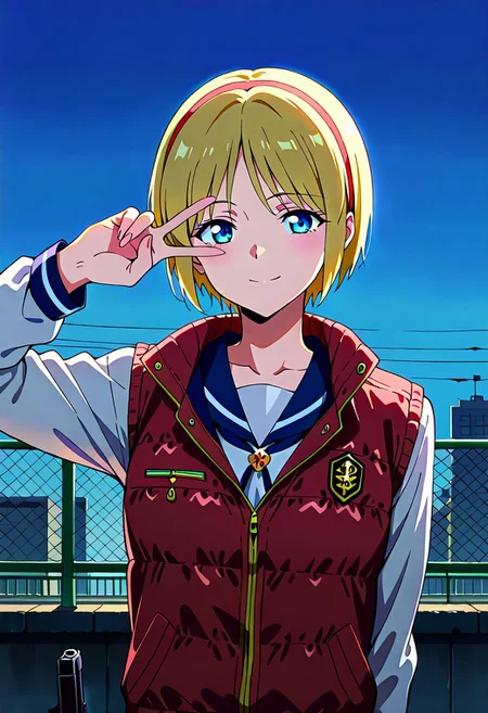 source_anime, masterpiece, best quality, amazing quality, very aesthetic, absurdres, IllustriousQual, anime coloring, traditional media <lora:Sherry_Birkin_RE2_Classic_Illustrious:1>sherry-birkin, 1girl, solo, short hair, sailor collar, blonde hair, blue eyes, serafuku, upper body, weapon, indoors, holding weapon, vest, gun, plaid, v, holding gun, handgun, dark, v over eye, rooftop, sky, fence