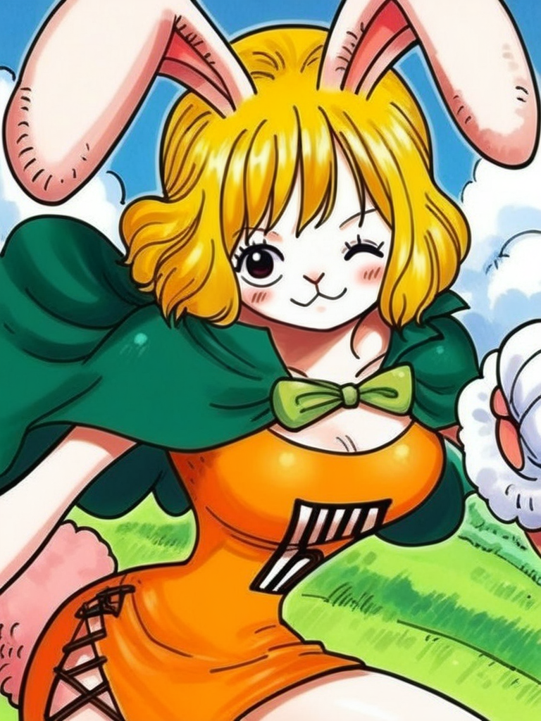 score_9, score_8_up, score_7_up, source_anime, 1girl, looking at viewer, blonde hair, rabbit ears, rabbit girl, furry female, very sexy, solo focus, looking at viewer, orange short dress, bare shoulders, green cape, white gloves, open clothes, smile, blush, cowboy shot, (dynamic pose:1.1), cute, medium breasts, thick thighs, sexy pose, dynamic angle, dutch angle, vegetation, sky, one eye closed, very happy, leaning forward, 
<lora:CarrotXLP_character:1> CarrotXLP,  <lora:PONYXL_OnePiece_MangaColored_ownwaifu:1> ARTSTYLE_OnePiece_MangaColored_ownwaifu,