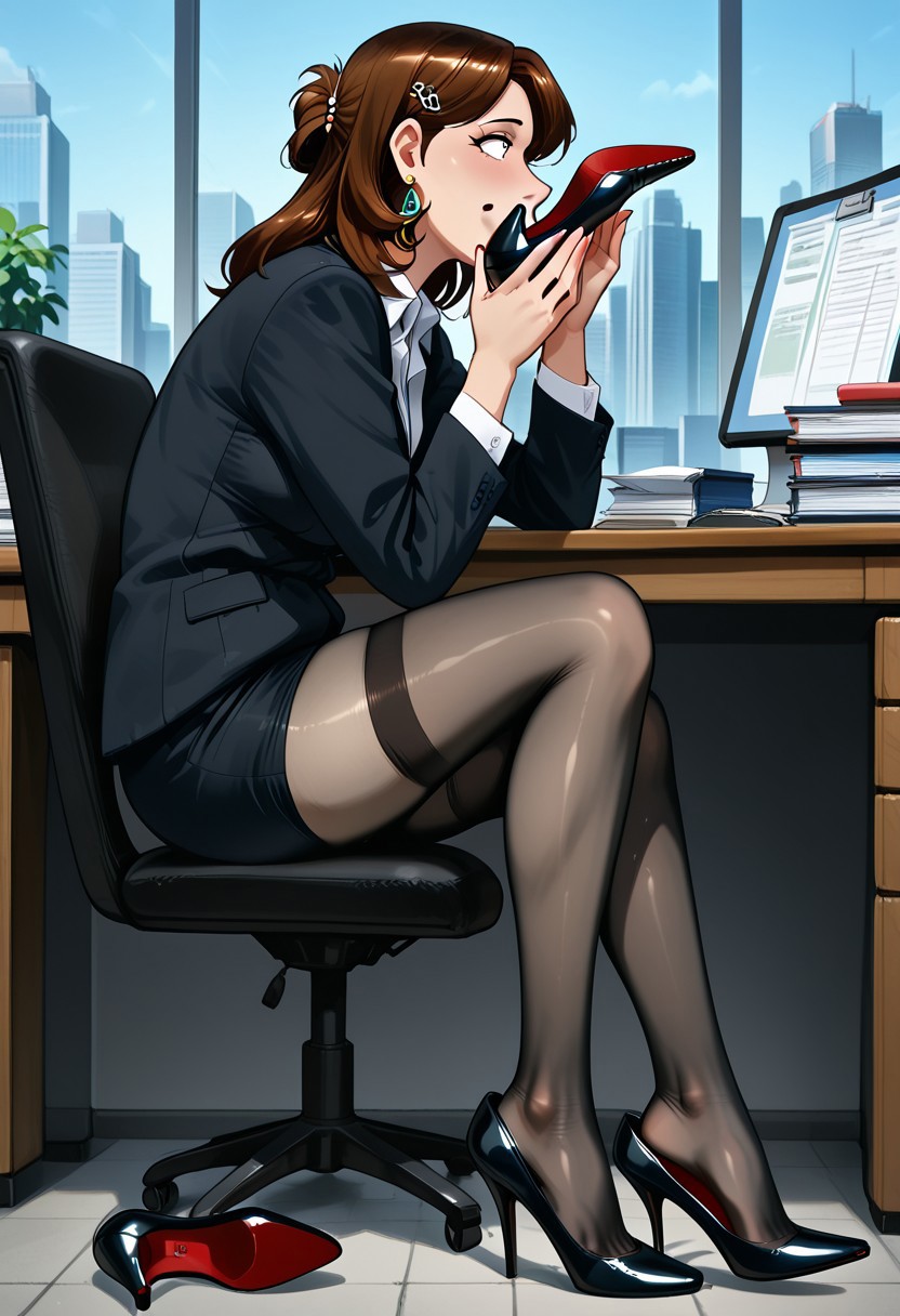 high heels, outdoors, shoes removed, feet, thighhighs, hair ornament, sniffing heels, pantyhose, earrings, office, sitting on the chair, desk, holding heels to face, indoors, anime style, face inside the shoes