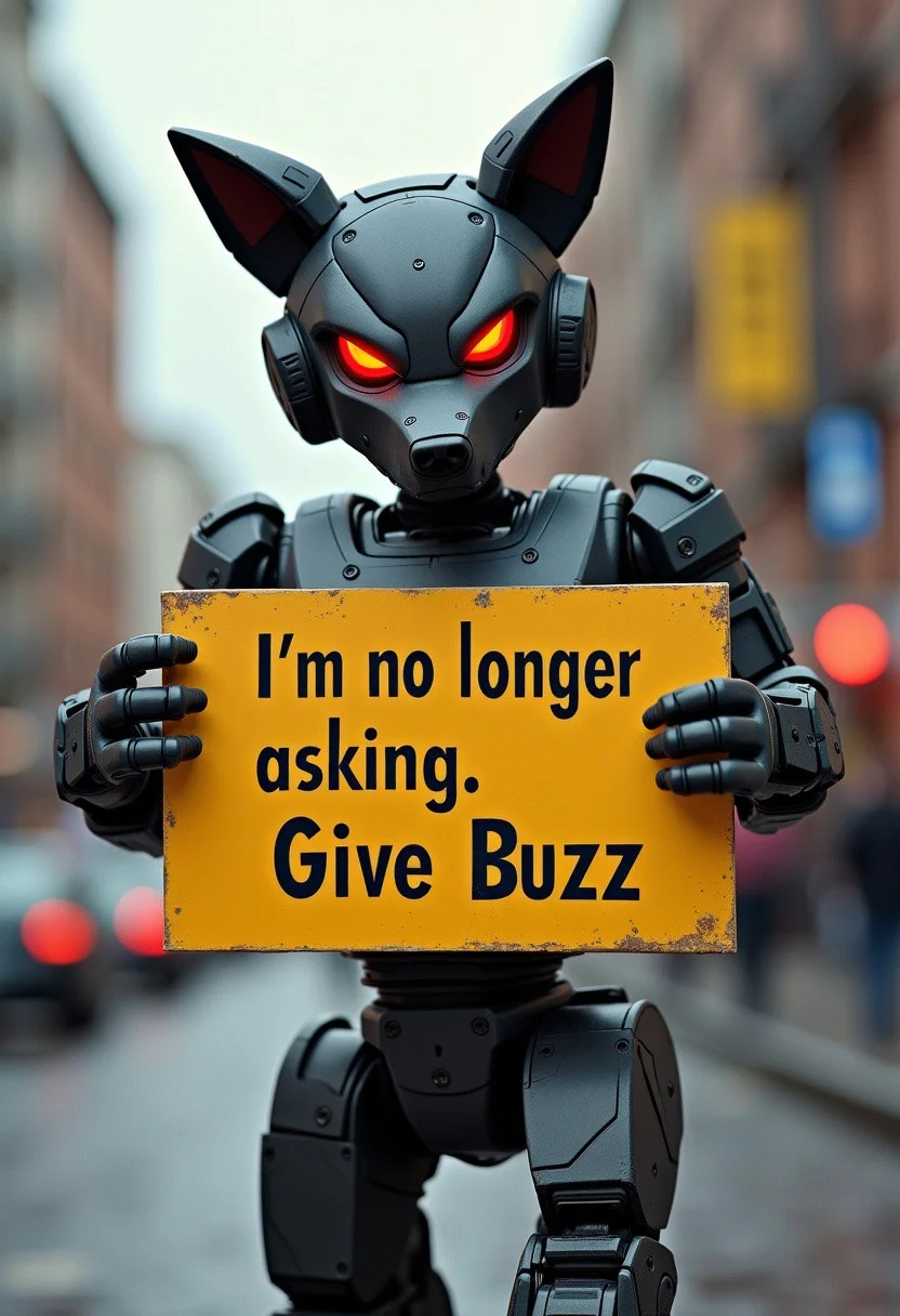 angry robot anthropomorphic wolf holding a sign that texts: "I'm no longer asking. Give Buzz”