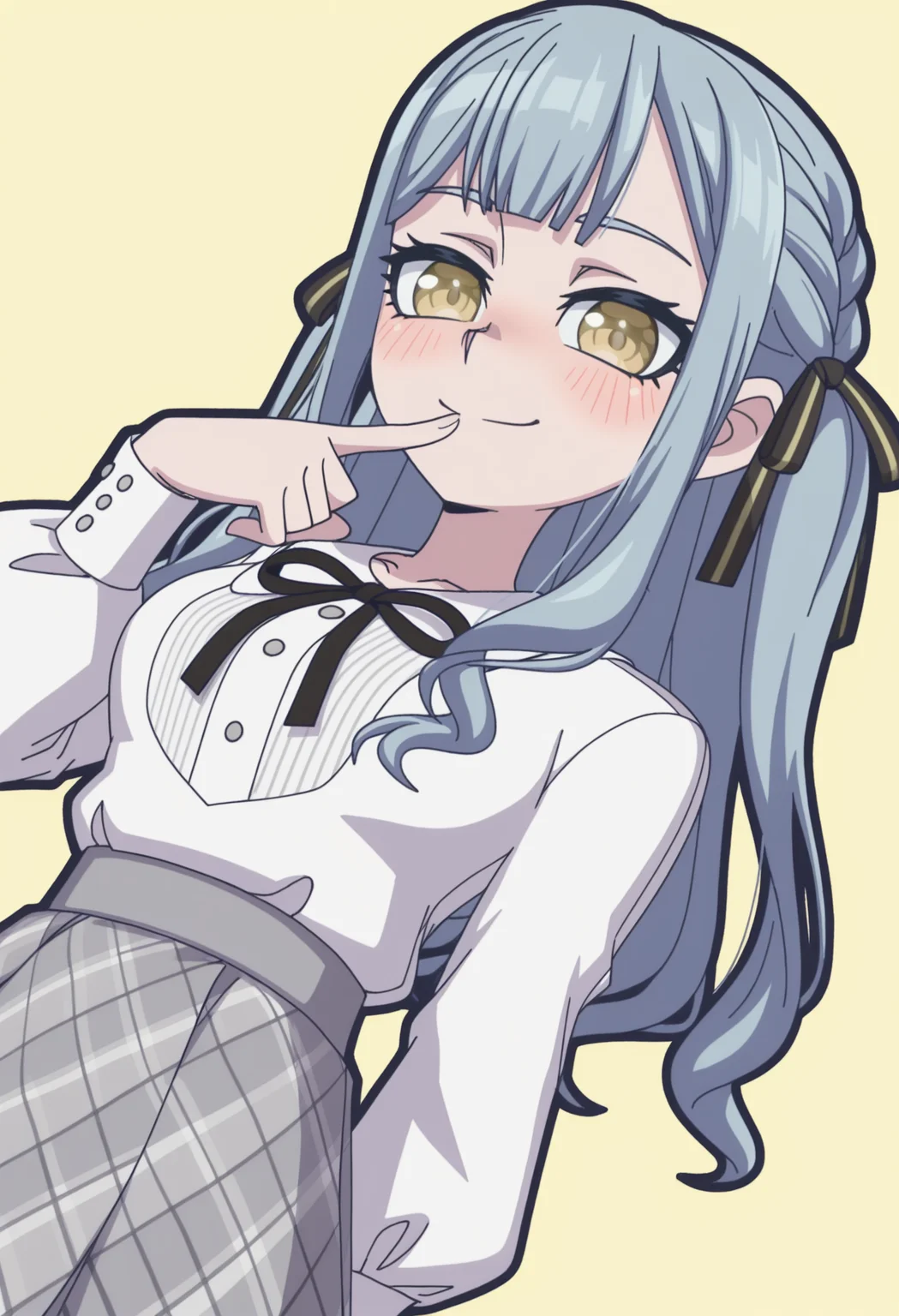 simple_background,official style,anime coloring,(anime screencap) masterpiece,masterpiece,best quality,very aesthetic,absurdres,highres,
maiden,slim figure,small breasts,
light yellow background,solid background,cinematic_angle,1girl,solo,shadow,confident,closed_mouth,light_blush,smile,posing,(looking_at_viewer:1.1),
<lora:Togawa SakikoV1-IL:0.7>,twintails,braid,Togawa Sakiko,yellow eyes,blue hair,long hair,bangs,blunt bangs,wavy hair,two side up,saki ribbon,saki hair ribbon,saki black ribbon,normaal,normaal shirt,normaal white shirt,normaal striped shirt,normaal striped,normaal long sleeves,normaal puffy long sleeves,normaal puffy sleeves,normaal shirt tucked in,normaal bow,normaal ribbon,normaal neck ribbon,normaal two side up,normaal black ribbon,normaal buttons,normaal belt,normaal skirt,normaal high-waist skirt,normaal plaid,normaal grey skirt,normaal socks,normaal ankle socks,normaal white socks,normaal frilled socks,normaal bobby socks,normaal shoes,normaal mary janes,normaal black footwear,
<lora:VanripperIllustriousXL_byKonan:1.2>,vanripper,
finger_to_mouth,arm_behind_back,godlike,like a godness,seductive_smile,
