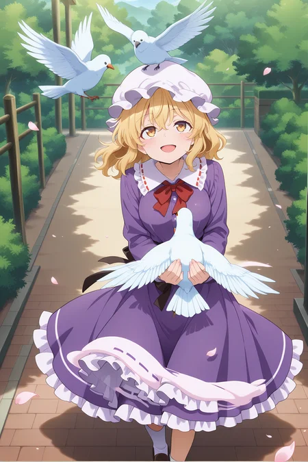absurdres, highres, masterpiece, best quality, amazing quality, official anime artwork, screencap, anime screencap, outdoors, looking up, smile, open mouth,
 <lora:Maribel-Hearn_Illustrious:1> maribel hearn, 1girl, solo, yellow eyes, blonde hair, medium hair,, white mob cap, red bowtie, purple dress, long sleeves, frilled skirt, 
birds, petals, bush, wind,