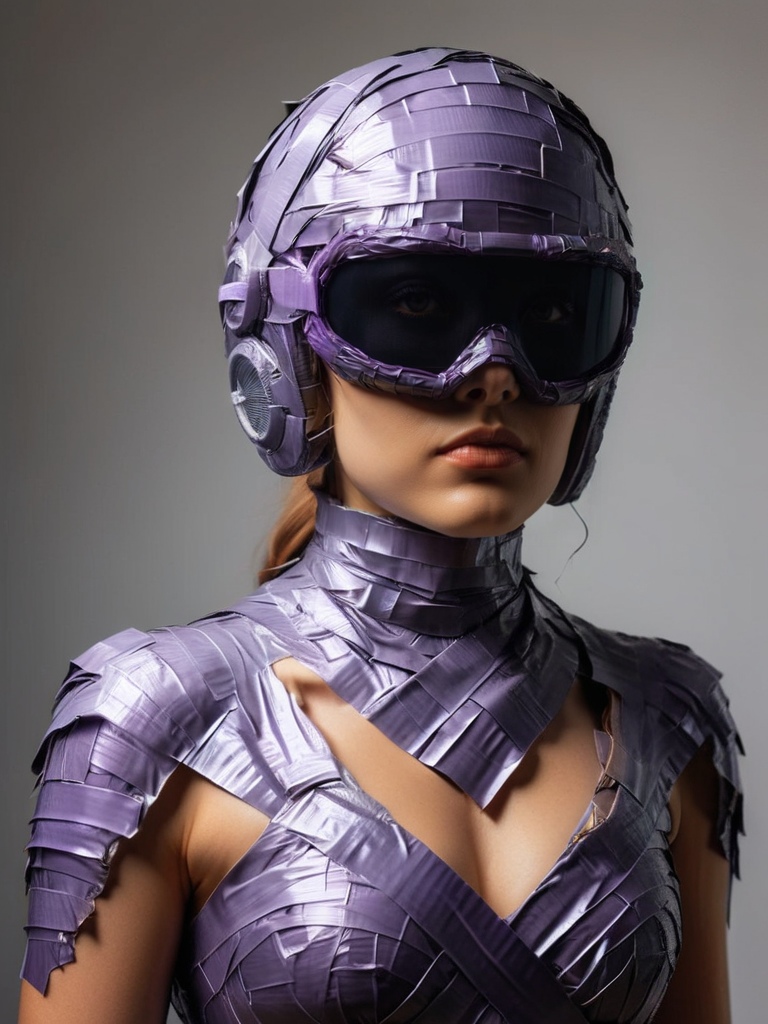 photo of woman wearing a purple dress in ringlight photo booth flowing quantum continuum fabric realistic multidimensional abstractions ral-ducttape shot with a panavision arriflex imax lense, depth of field, cinematic lighting, astronomy low poly count, space reflection on helmet <lora:ral-ducttape-sdxl:1>